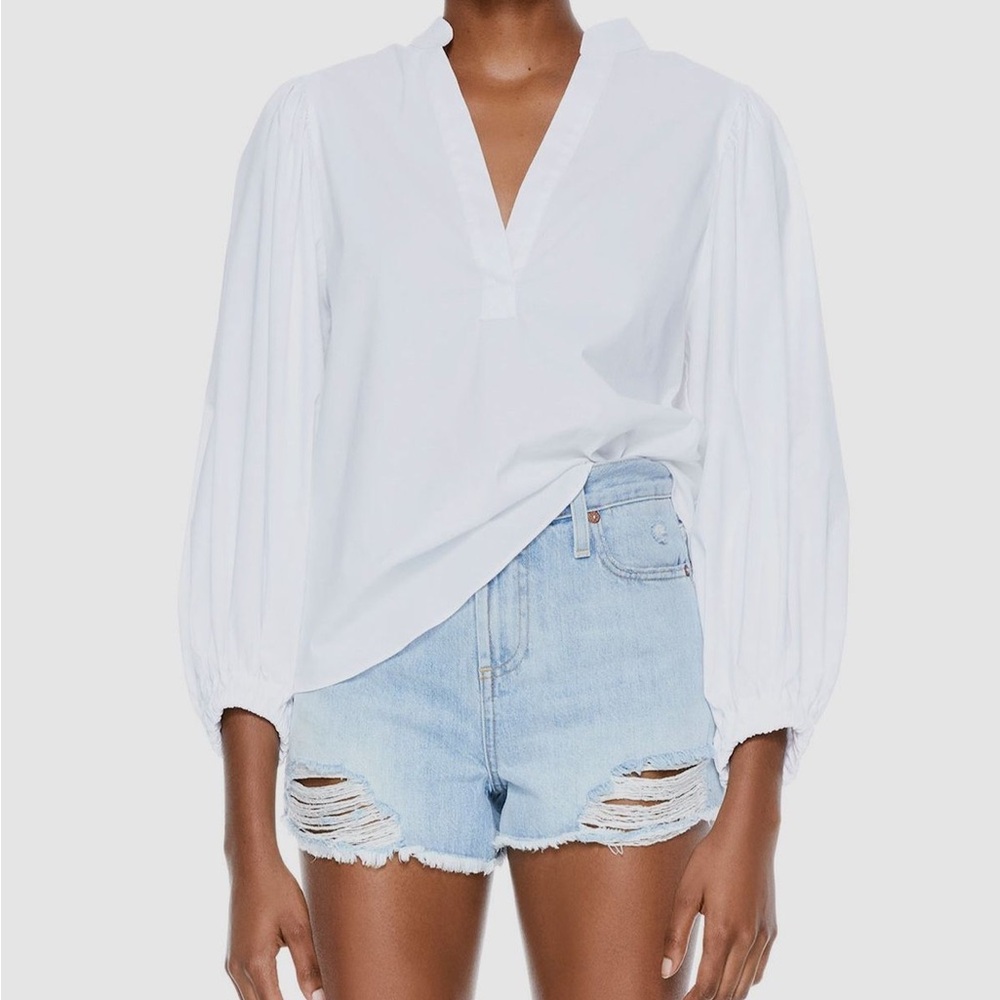 Alice + Olivia Women White Casey Mandarin-Collar Blouson-Sleeve Top